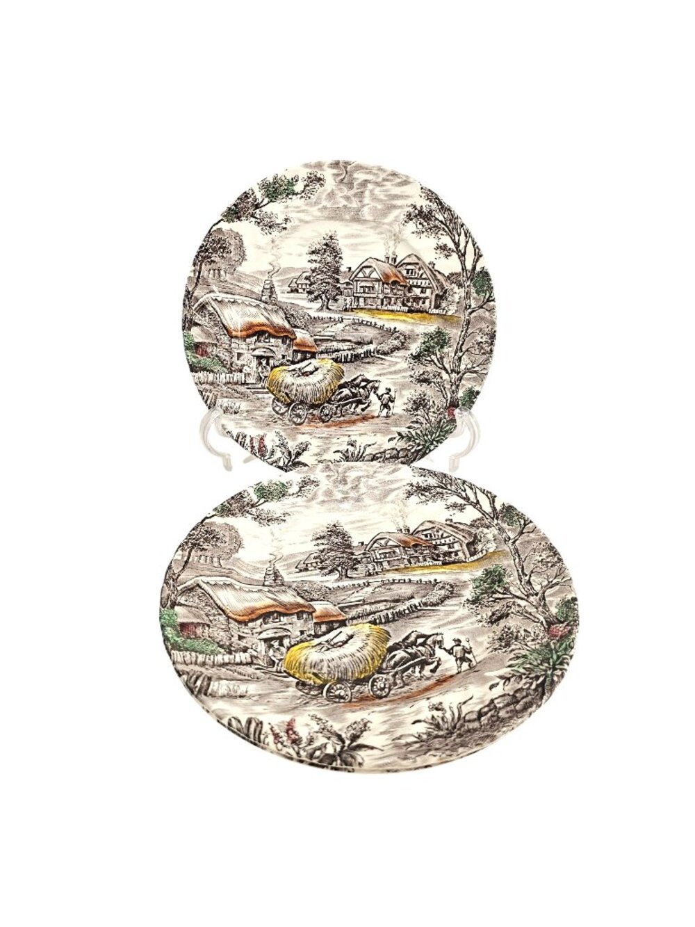 3 Yorkshire Harvest Salad Plates 8" Staffordshire pottery brown transferware Iro